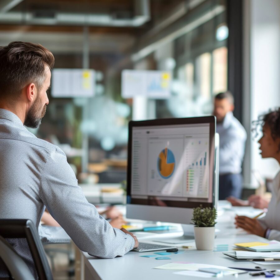 Male executive businessman showing important data on computer screen